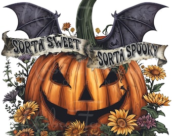 Sorta Sweet Sorta Spooky PNG Halloween-pompoen en wilde bloemen direct downloaden voor shirts, uitnodigingen decoreren, Kids Crafts