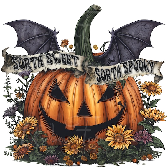 Sorta Sweet Sorta Spooky PNG Halloween Pumpkin and Wildflowers Instant Download for Shirts, Decorating Invitations, Kids Crafts