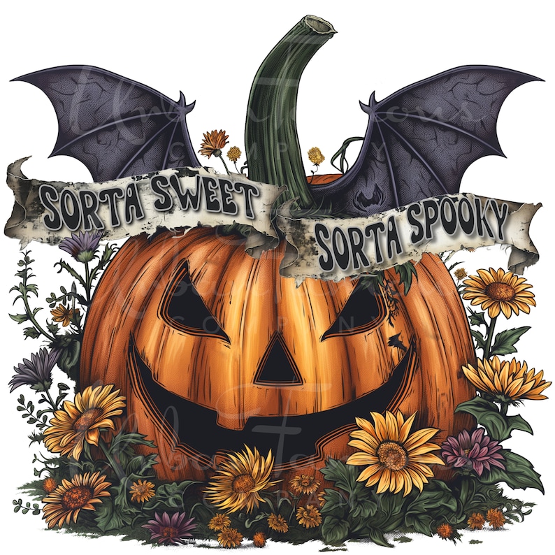 Sorta Sweet Sorta Spooky PNG Halloween Pumpkin and Wildflowers Instant Download for Shirts, Decorating Invitations, Kids Crafts