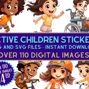 Adesivi digitali per bambini attivi Adesivi per insegnanti fantastici Bambini che giocano Download istantaneo Adesivi per bambini Attività artigianali PNG SVG