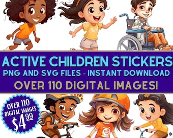 Active Children Digital Stickers Cool Teachers Stickers Children Playing Instant Download Stickers For Kids Craft Activities PNG SVG
