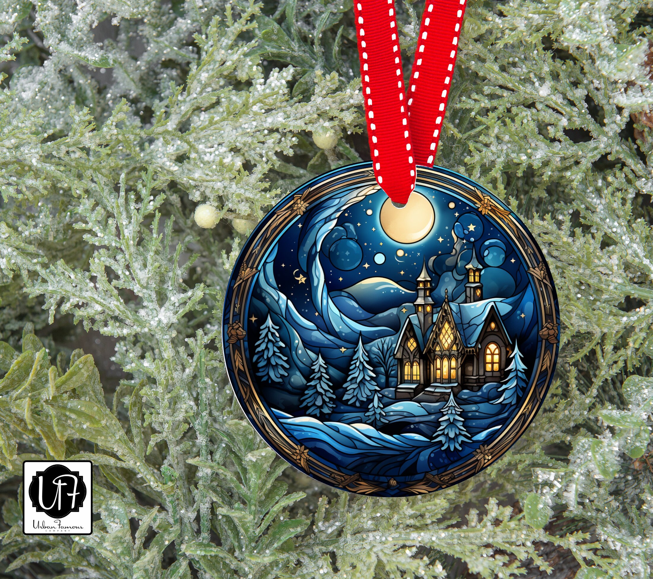 North Pole Christmas Ornament Holiday Decor Faux Stained Glass