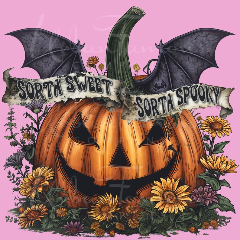 Sorta Sweet Sorta Spooky PNG Halloween Pumpkin and Wildflowers Instant Download for Shirts, Decorating Invitations, Kids Crafts