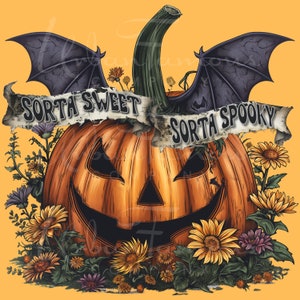 Sorta Sweet Sorta Spooky PNG Halloween Pumpkin and Wildflowers Instant Download for Shirts, Decorating Invitations, Kids Crafts