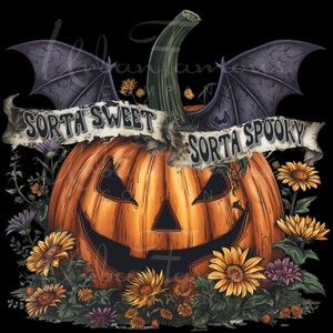 Sorta Sweet Sorta Spooky PNG Halloween Pumpkin and Wildflowers Instant Download for Shirts, Decorating Invitations, Kids Crafts