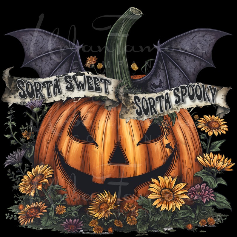 Sorta Sweet Sorta Spooky PNG Halloween Pumpkin and Wildflowers Instant Download for Shirts, Decorating Invitations, Kids Crafts