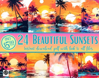 Bellissimi tramonti tropicali PNG File di download istantaneo per disegni di sublimazione Regali di t-shirt tramonto classico acquerello estivo