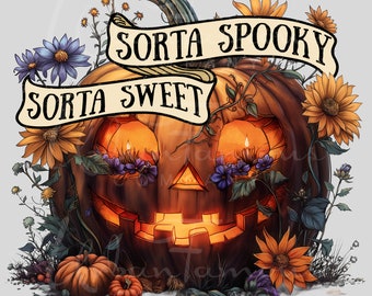 Sorta Sweet Sorta Spooky PNG Halloween Pumpkin and Wildflowers Instant Download for Shirts, Decorating Invitations, Kids Crafts