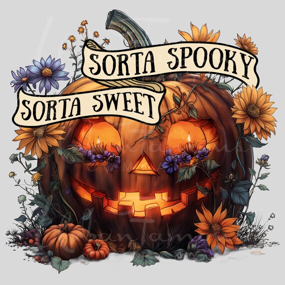 Sorta Sweet Sorta Spooky PNG Halloween Pumpkin and Wildflowers Instant Download for Shirts, Decorating Invitations, Kids Crafts