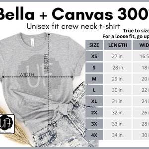 Puede incluir: Una camiseta gris de cuello redondo unisex con una tabla de tallas que muestra las medidas en pulgadas. La tabla incluye las tallas XS, S, M, L, XL, 2X, 3X y 4X. El texto "Bella + Canvas 3001" est&aacute; en la parte superior de la imagen.