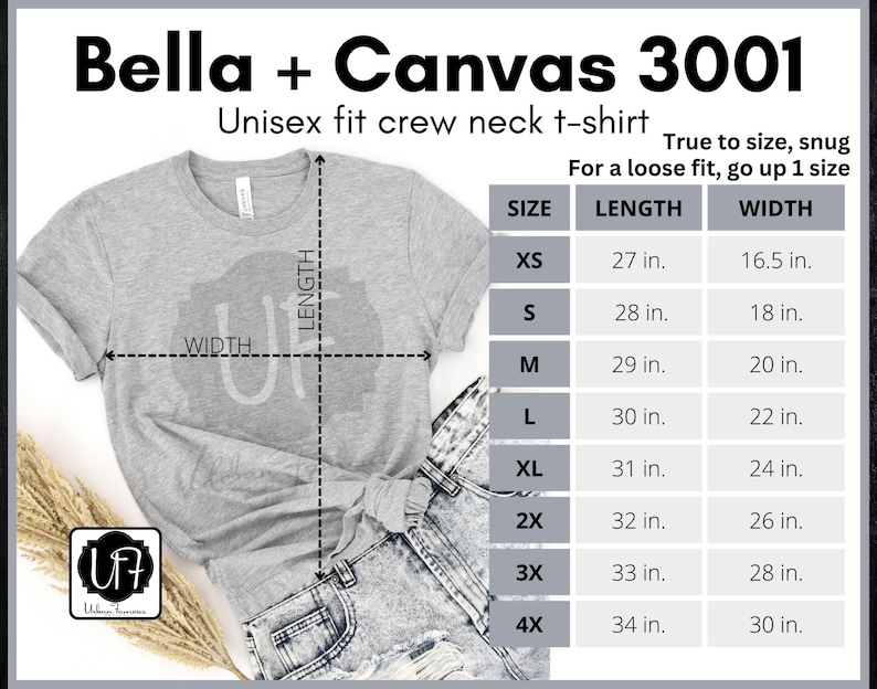 Puede incluir: Una camiseta gris de cuello redondo unisex con una tabla de tallas que muestra las medidas en pulgadas. La tabla incluye las tallas XS, S, M, L, XL, 2X, 3X y 4X. El texto "Bella + Canvas 3001" est&aacute; en la parte superior de la imagen.