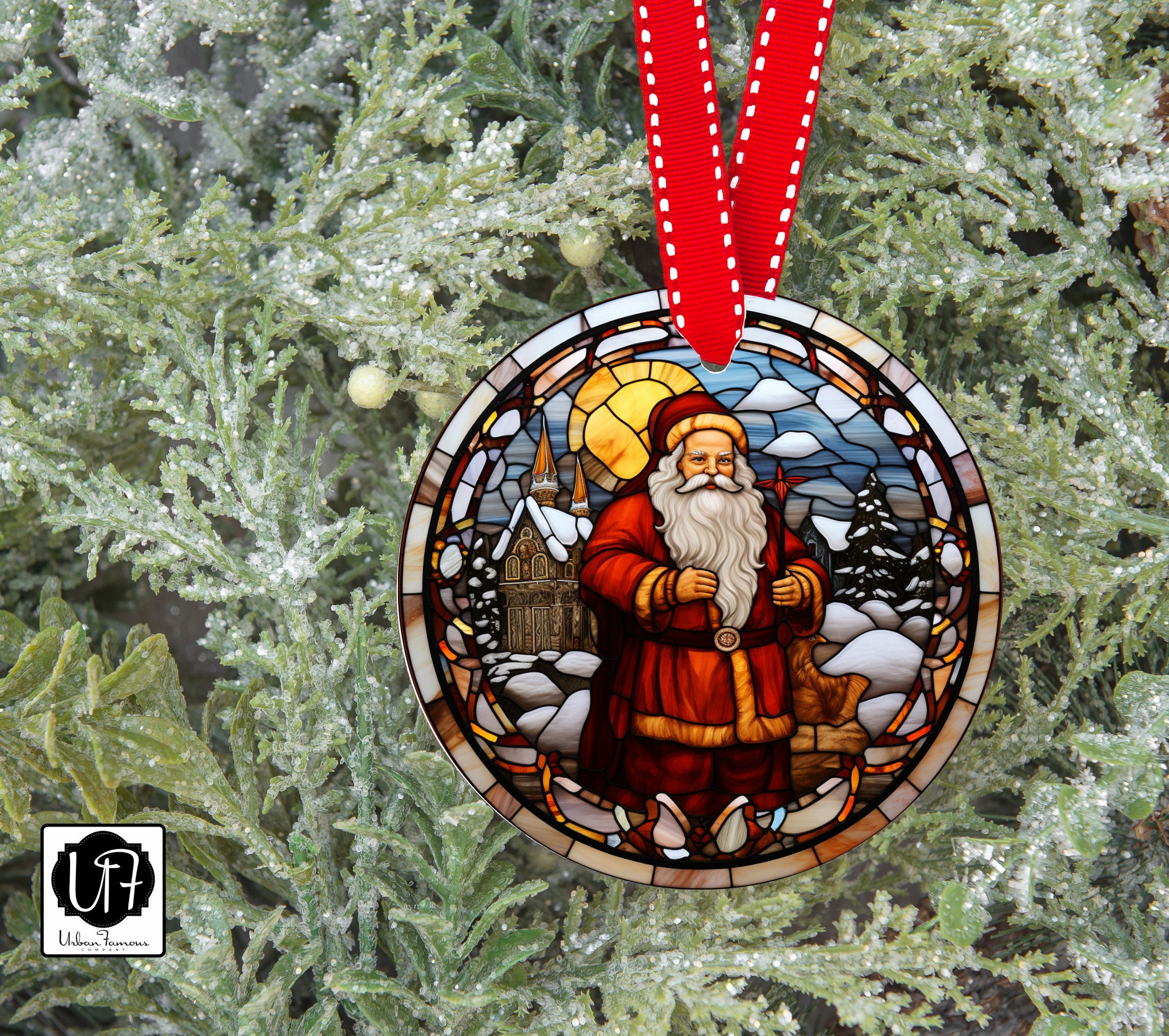 Santa North Pole Workshop Ornament Holiday Decor Faux Stained