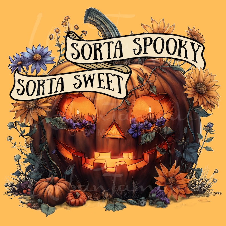 Sorta Sweet Sorta Spooky PNG Halloween Pumpkin and Wildflowers Instant Download for Shirts, Decorating Invitations, Kids Crafts