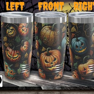 May include: Three stainless steel tumblers with a black background and a pattern of orange, green, and blue jack-o'-lantern faces. The tumblers are labeled "LEFT", "FRONT", and "RIGHT".