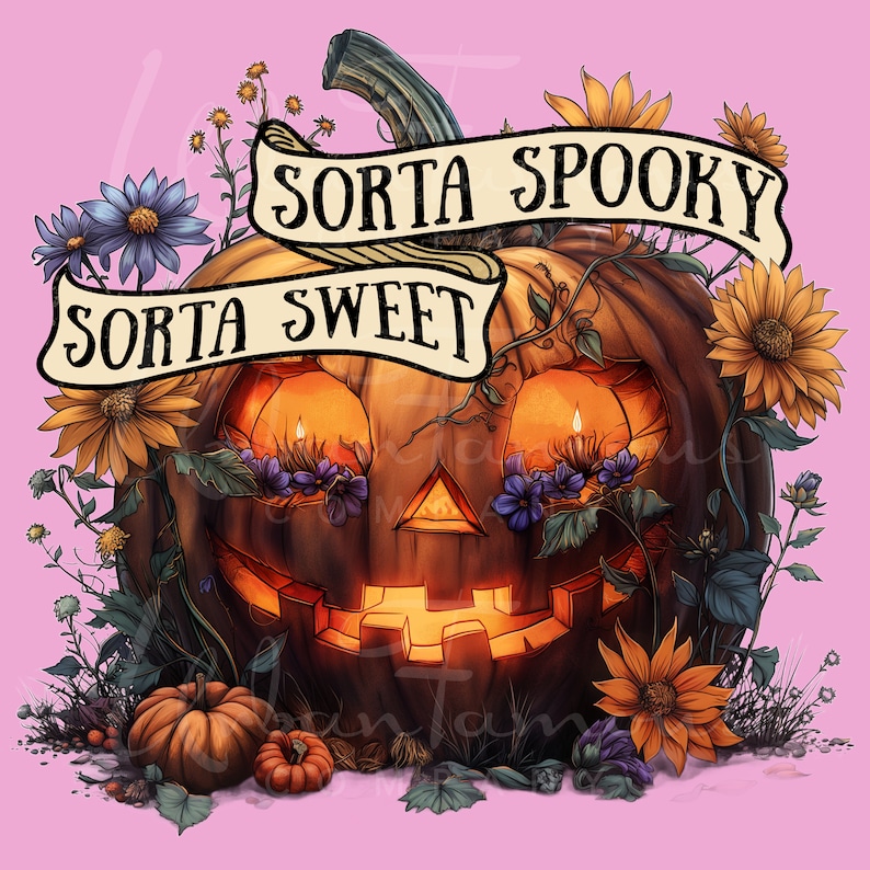 Sorta Sweet Sorta Spooky PNG Halloween Pumpkin and Wildflowers Instant Download for Shirts, Decorating Invitations, Kids Crafts
