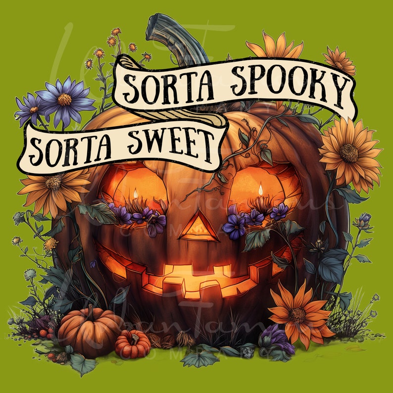 Sorta Sweet Sorta Spooky PNG Halloween Pumpkin and Wildflowers Instant Download for Shirts, Decorating Invitations, Kids Crafts