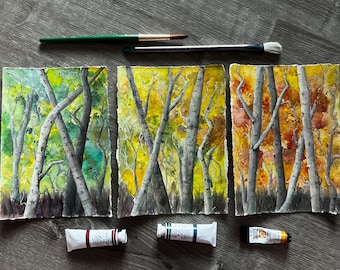 Triptych - 3 Paintings all 5x7 -Original Watercolor - Set of three - Aspens in all seasons