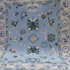 Blue, Beige Turkish Style Hand Knotted Oushak Rug Wool Rug for Home Decor and Living Room in 8x10,9x12,10x14 Area Rug.