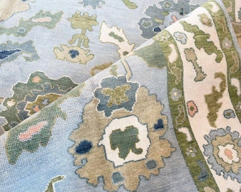 10X14 Blue, Beige, Green Oushak rug muted multi size 8x10/9x12/10x14 Hand-knotted Vintage Oushak Wool Area Rug for Living Room,