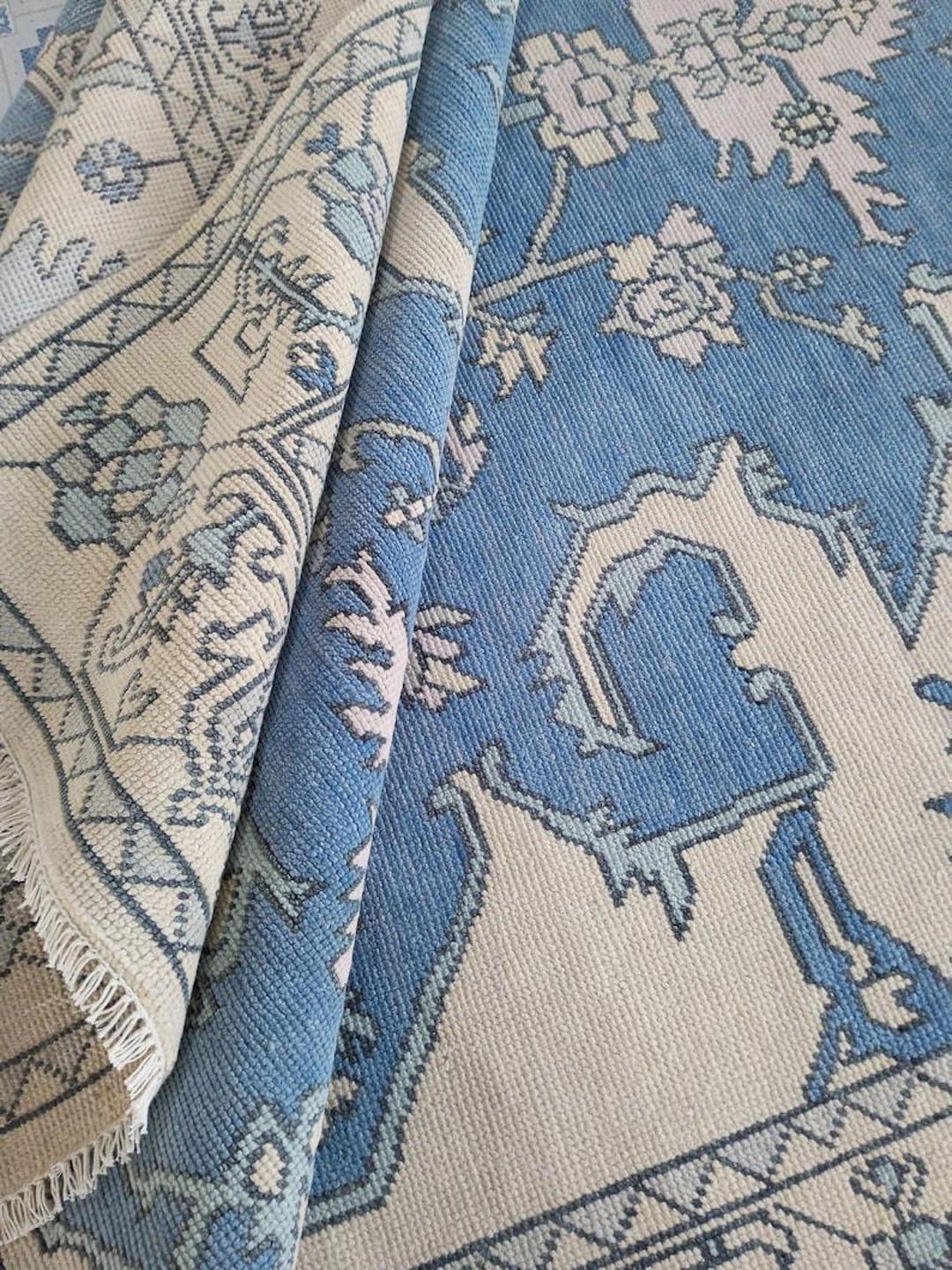Hand-knotted Wool Oushak Rug: Beige & Blue Vintage Turkish Carpet ...