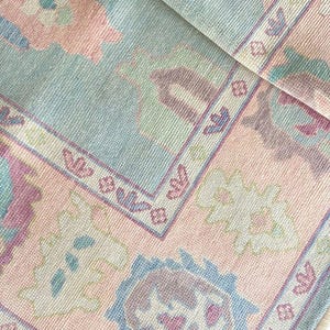 Oriantal Light Green & Pink Oushak Rug, 8x10 Exquisite Turkish Hand Knotted Rug, Modern Handmade Rug with Colorful Accents, Living Area Rug