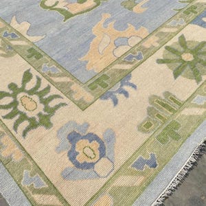 Handmade Knotted Oushak Rug | Vintage Turkish Blue Wool Carpet | Neutral Boho Living Room Decor | Traditional Oriental Carpet