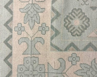 Oushak rug 8x10/9X12/10x14 Powder Blue And Beige Turkish knot rug Hand-knotted Vintage Antique Oushak Wool Area Rug for Living, Badroom,