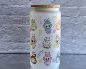 Labubu Theme 16oz Glass Tumbler with Straw