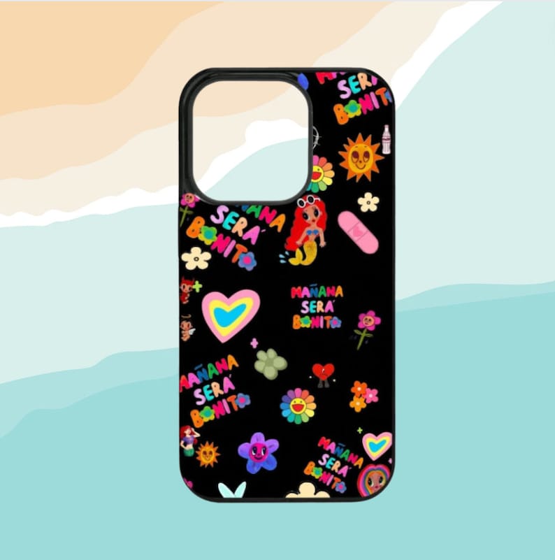 Pode incluir: Uma capa de telefone preta com um padr&atilde;o colorido de flores, cora&ccedil;&otilde;es e o texto "Ma&ntilde;ana Sera Bonita" repetido por toda parte.
