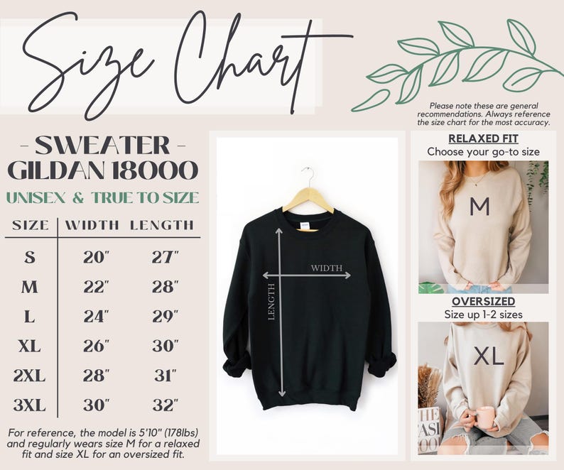 May include: Size chart for a Gildan 18000 unisex sweater. The chart shows the width and length measurements in inches for sizes S through 3XL. The chart also includes information about relaxed and oversized fits.