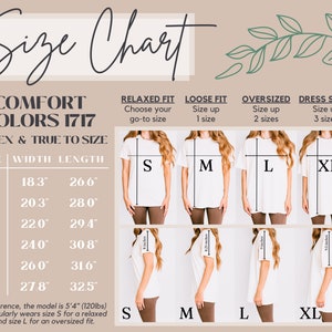 May include: Size chart for unisex t-shirts in sizes S, M, L, XL, 2XL, and 3XL. The chart shows width and length measurements in inches. The chart also includes information about relaxed, loose, oversized, and dress shirt fits.
