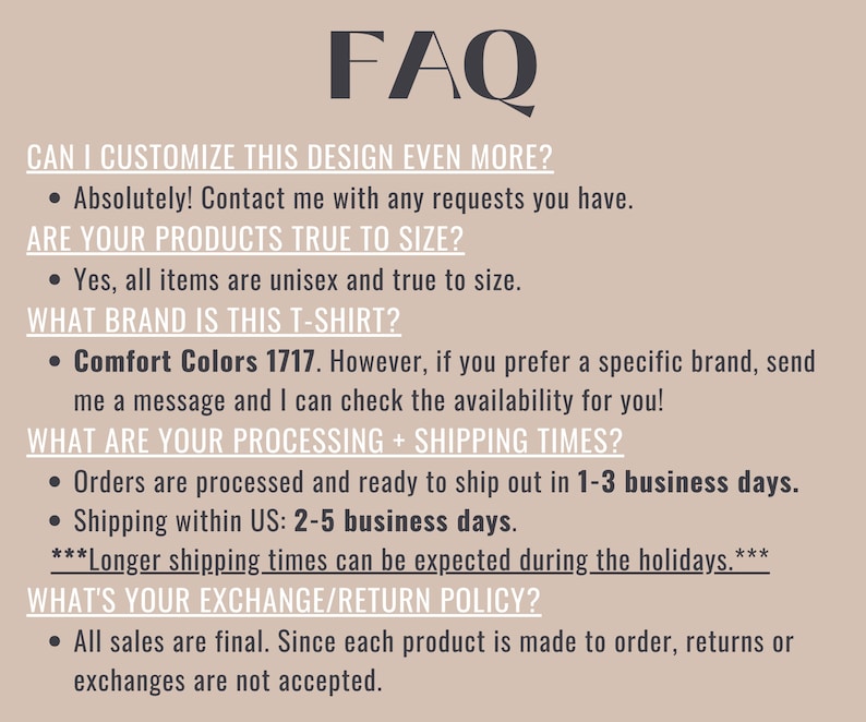 Puede incluir: FAQ sobre la personalizaci&oacute;n de dise&ntilde;os, el tama&ntilde;o, la marca, los tiempos de procesamiento y env&iacute;o, y las pol&iacute;ticas de cambio/devoluci&oacute;n. El texto indica que todos los art&iacute;culos son unisex y de talla real, y que los pedidos se procesan y est&aacute;n listos para ser enviados en 1-3 d&iacute;as h&aacute;biles. El env&iacute;o dentro de Espa&ntilde;a tarda de 2 a 5 d&iacute;as h&aacute;biles. Se pueden esperar tiempos de env&iacute;o m&aacute;s largos durante las vacaciones. Todas las ventas son finales. No se aceptan devoluciones ni cambios.