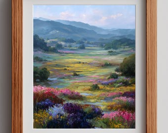Wildflowers Blooming Valley Painting - Spring Printable Wall Art, Lush Fields Landscape, Serene Cottagecore Style, Digital Download 1