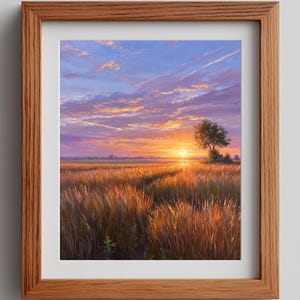 Goldener Sonnenuntergang über Weizenfeld Gemälde - Warme rustikale Landschaftskunst, ruhige Cottagecore-Dekoration, ruhige Naturszene, printable Download 3