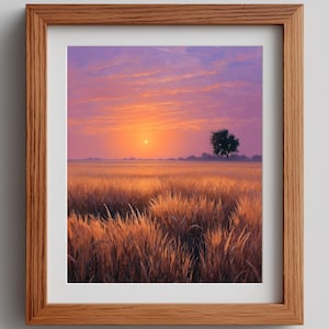 May include: A framed print of a sunrise over a wheat field. The sky is a blend of orange, pink, and purple hues, with the sun peeking through the clouds. A single tree stands in the distance, adding a touch of nature to the scene.