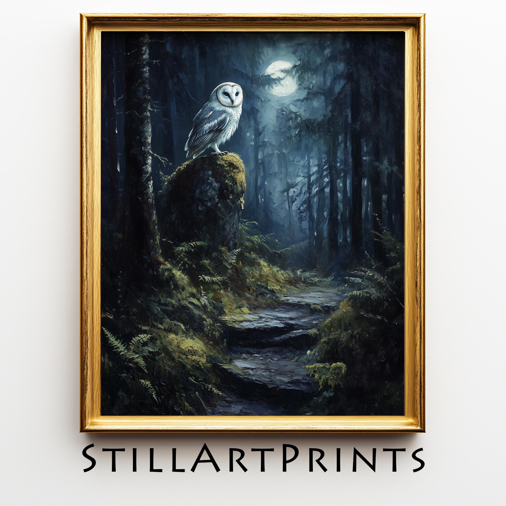 Moody Printable Barn Owl Painting - Whimsical Nocturnal Woodland Path Art, Atmospheric Moonlit Fores