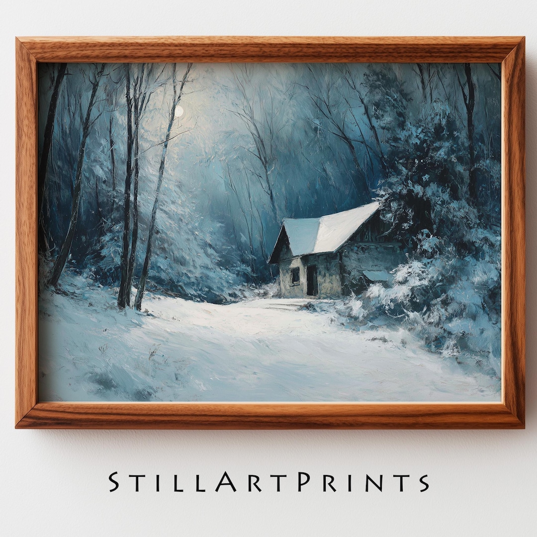 Moody Winter Cabin Painting - Snowy Forest Scene, Rustic and Tranquil ...