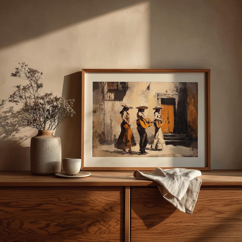 Traditional charro dress painting digital print for dining area — rustic scene featuring two guitarists on a sunny street with textured strokes.