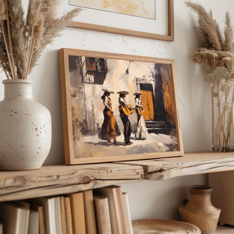 Rustic mariachi band wall art for entryway — bright-colored traditional outfits and warm details evoke a lively fiesta atmosphere.