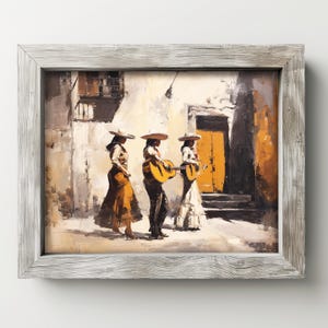 Lively mariachi band poster for music room — vibrant charro dresses and warm tones capture festive spirit in a sunlit rustic setting.