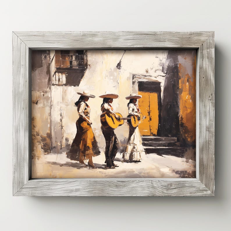 Lively mariachi band poster for music room — vibrant charro dresses and warm tones capture festive spirit in a sunlit rustic setting.
