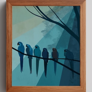 May include: A framed art print featuring six blue parrots perched on a branch against a teal and blue background. The artwork has a minimalist style with a wooden frame.