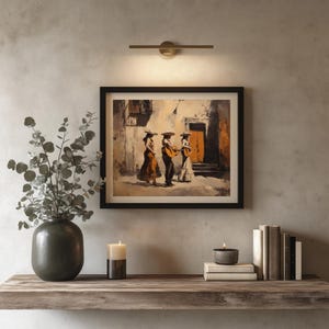 Colorful oil painting of mariachi performers wall decor for family room — lively street scene filled with cultural richness and festive energy.