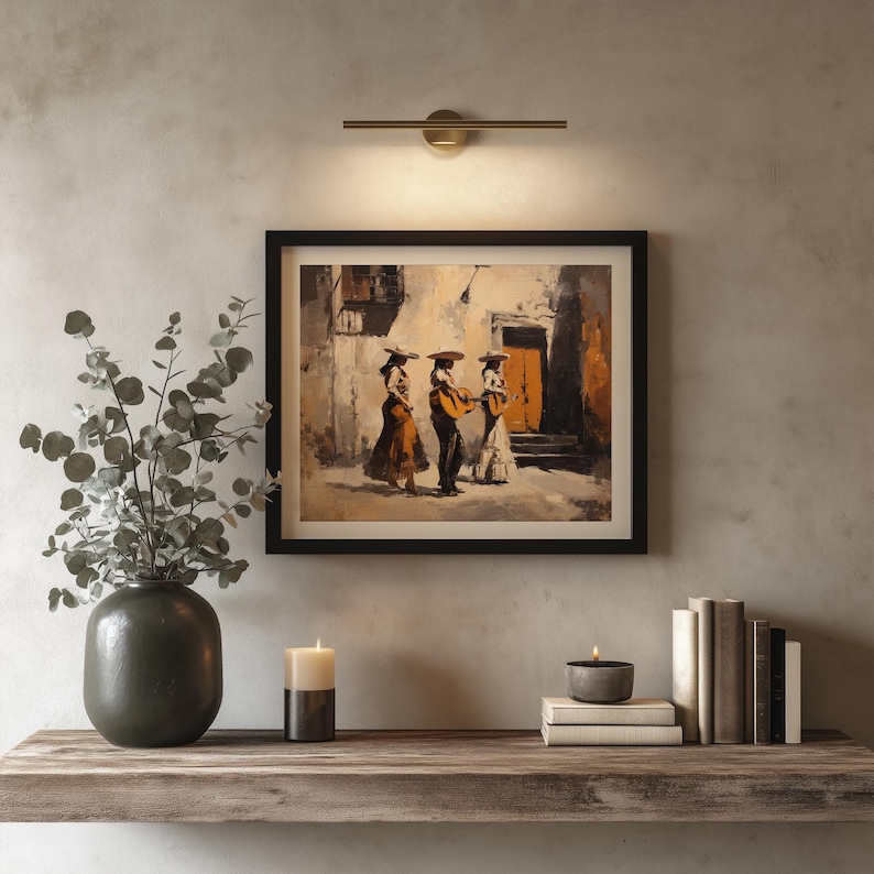 Colorful oil painting of mariachi performers wall decor for family room — lively street scene filled with cultural richness and festive energy.