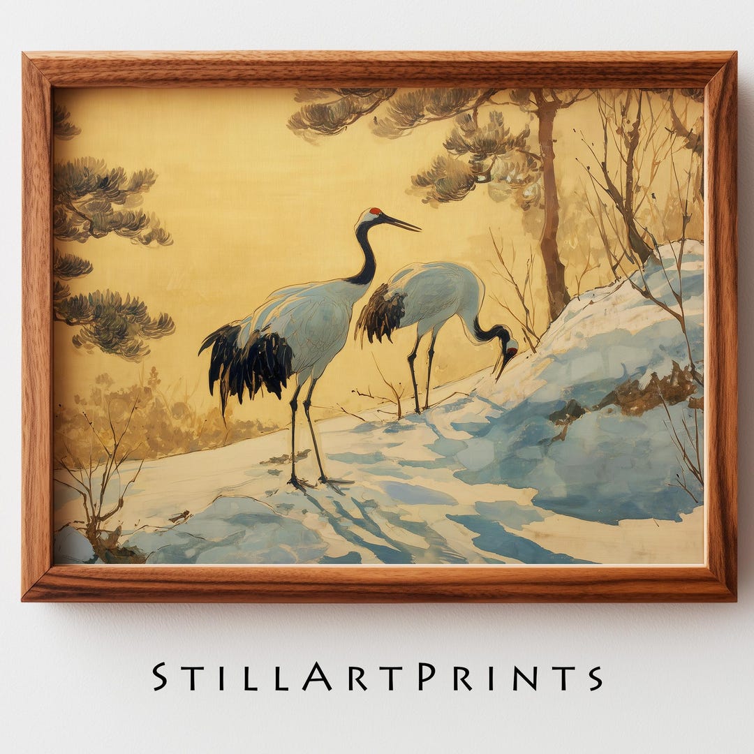 Japandi Cranes in Snowy Landscape - Minimalist Japandi Wall Art ...