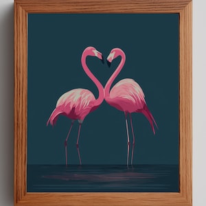 May include: Framed art print featuring two pink flamingos with their necks intertwined in a heart shape. The birds stand in water against a dark teal background. The wooden frame adds a natural touch to the artwork.