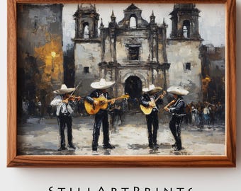 Festive Mexican Mariachi Band Painting - Rustic Vintage Street Scene, Charro Musicians Art Print, Textured Folk Music Decor, Printable 26