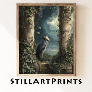 May include: A framed art print featuring a Shoebill stork standing on a stone ledge. The artwork depicts the bird between two weathered columns covered in ivy, with a dramatic cloudy sky in the background. The text "STILLARTPRINTS" is at the bottom.