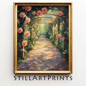 Allée de jardin romantique avec rosiers grimpants - impression vintage Cottagecore, pergola ensoleillée, papier peint confortable, impression impressionniste art 17