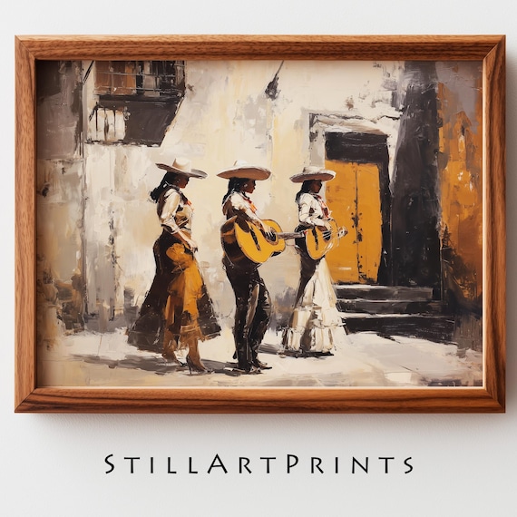 Mexican Mariachi Print - Festive Female Musicians, Vintage Street Scene, Rustic Impressionistic Art, Cultural Wall Decor, Printable 20